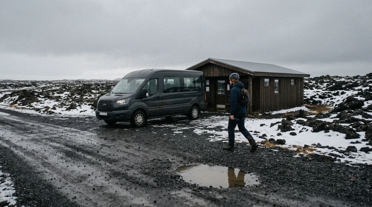 A minibus parked outside the service building at the Raufarhólshellir lava tunnel in winter, Þrengsli, Iceland