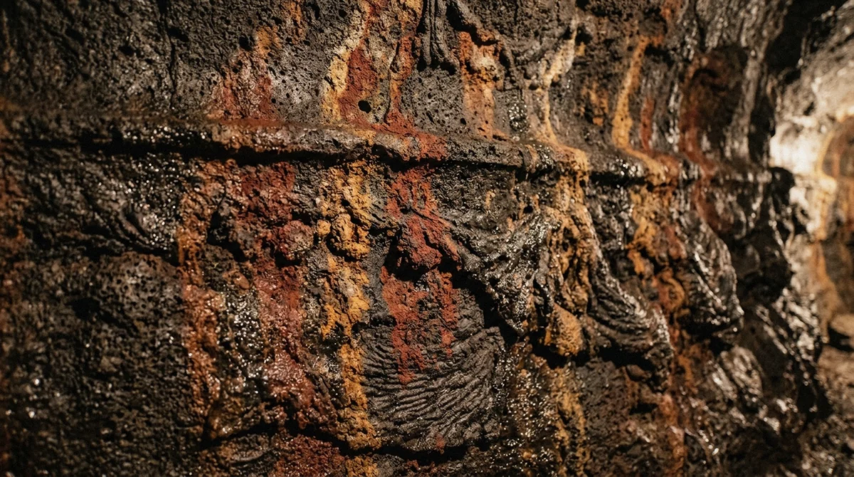 Rust-red mineral staining and a horizontal lava ledge on the wall of the Raufarhólshellir lava tunnel, Iceland