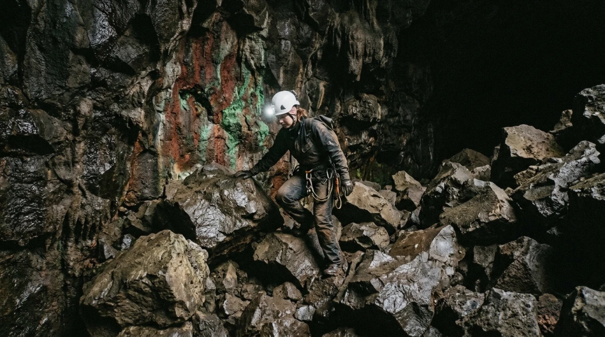 A caver in a helmet and head torch climbing over collapsed boulders on the Lava Falls Adventure tour deep inside Raufarhólshellir, Iceland