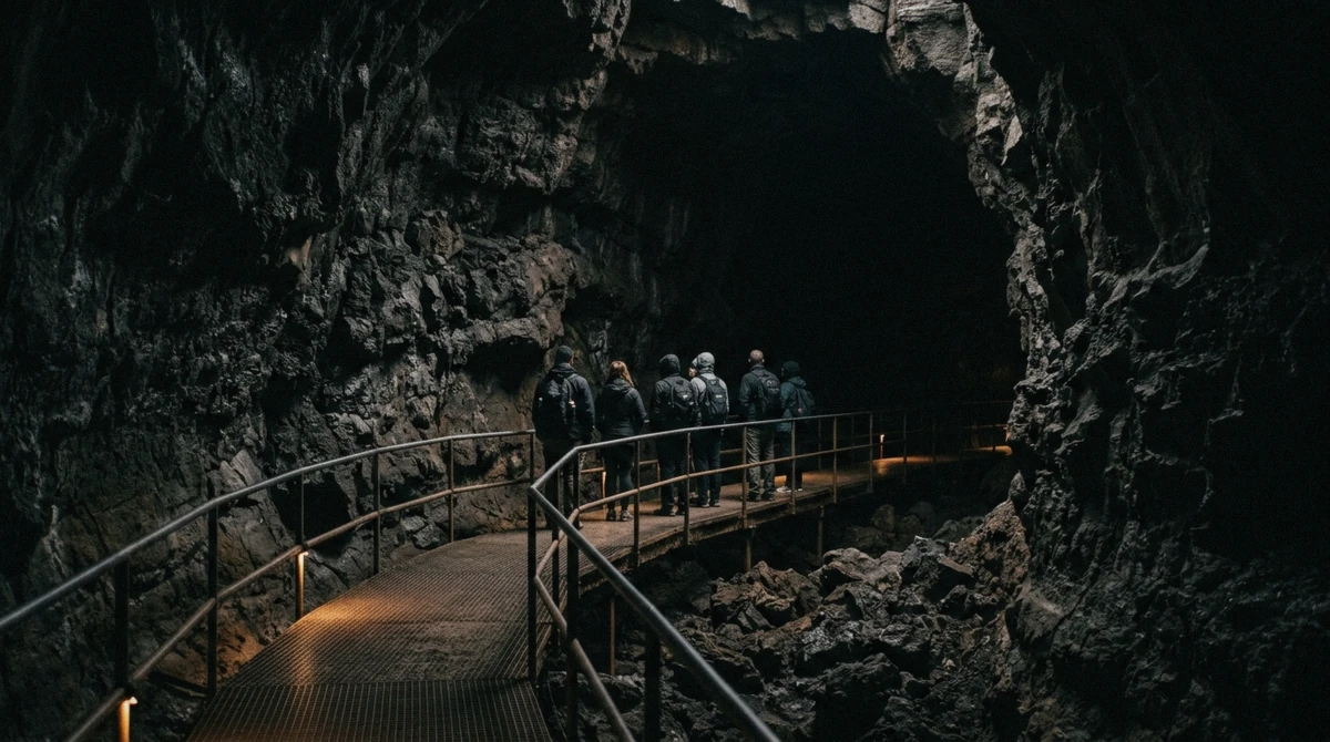 A guided group standing in near-total darkness on the walkway during the Raufarhólshellir Underground Expedition, Iceland