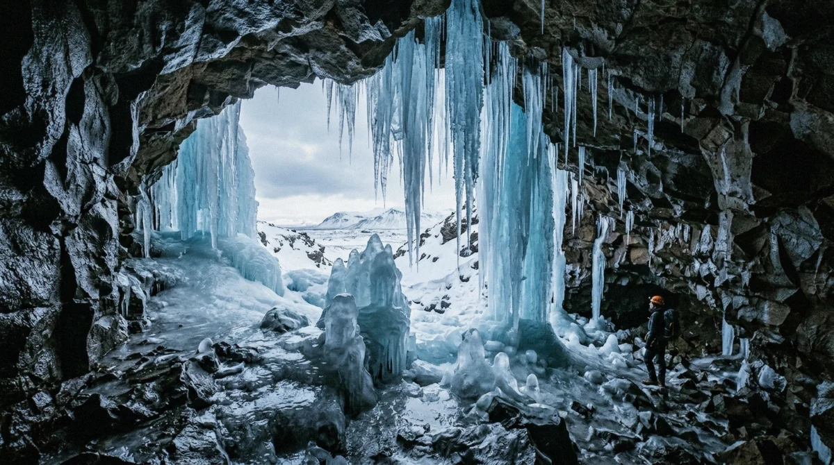 Ice sculptures inside the entrance of Raufarhólshellir in January, seen on a winter Raufarhólshellir lava tunnel tour in southwest Iceland