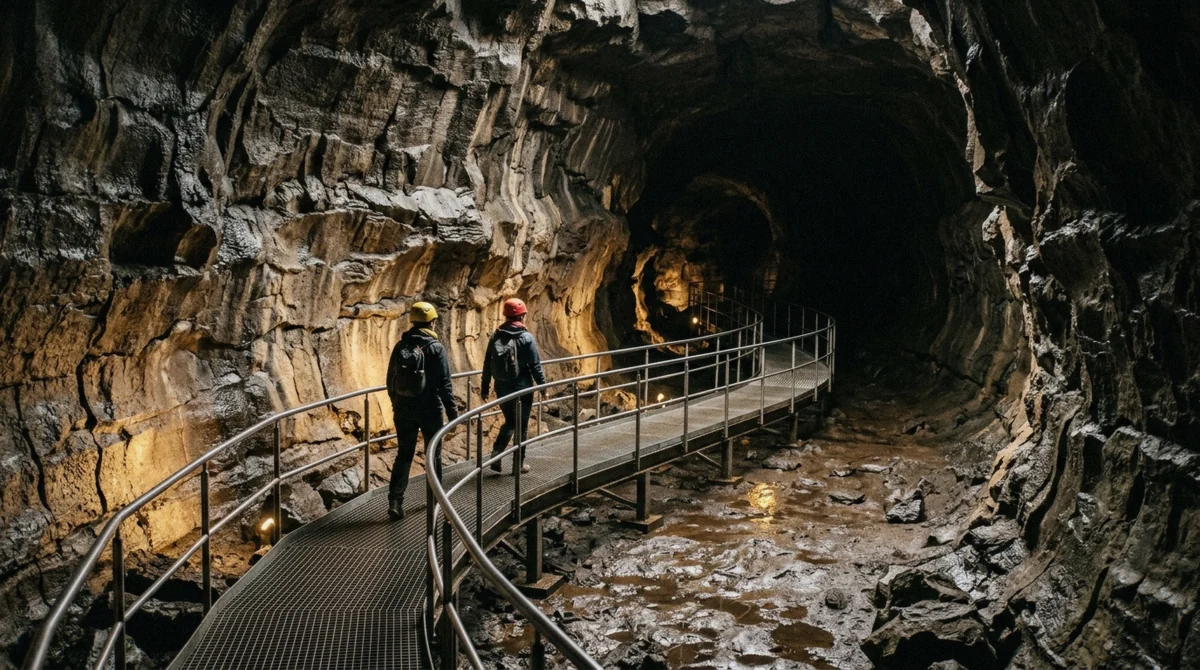 The lit steel footbridge running through the Raufarhólshellir lava tunnel on a guided Raufarhólshellir lava tunnel tour in southwest Iceland